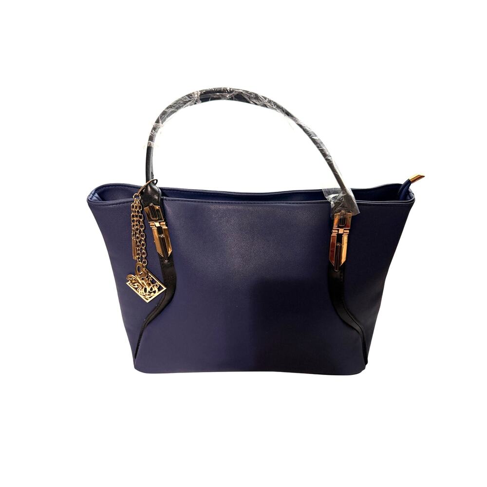 New Navy Blue PU Leather Shoulder Tri-Compartment With Charms Ladies Handbag